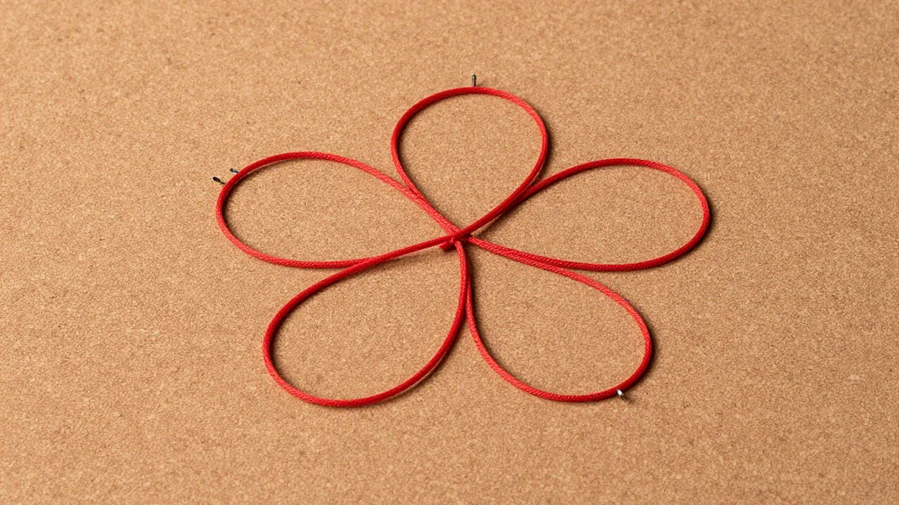 one continuous red cord forming five petal loops around a crossed center, cork work board, five blunt pins