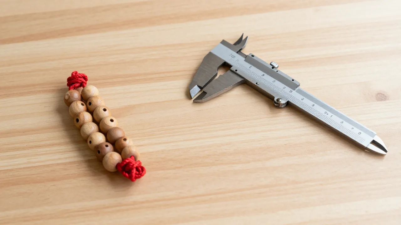 red cord bundle, wooden beads with large holes, caliper face down