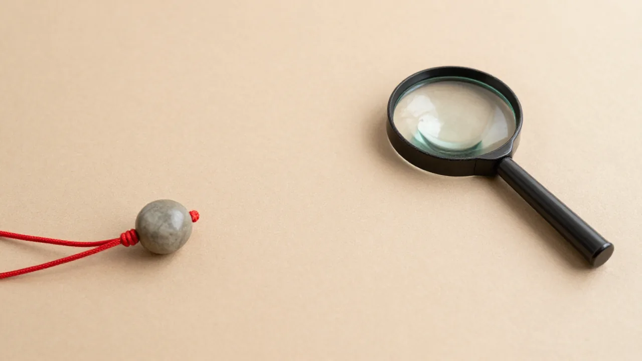 smooth stone bead, red cord, magnifying glass