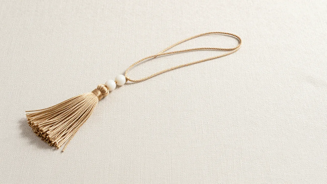 finished cord tassel, two plain beads, linen surface
