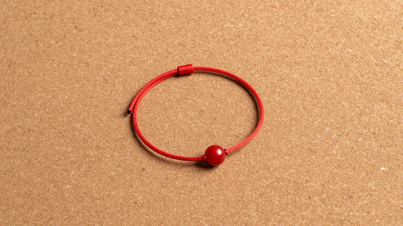 red bracelet cords on cork board, smooth center bead, measuring tape