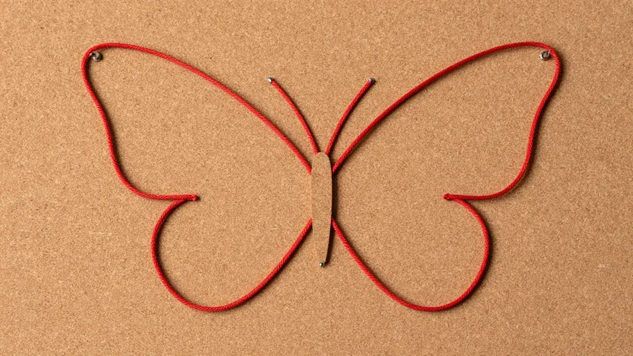 red cord forming open butterfly wings, cork board, blunt pins