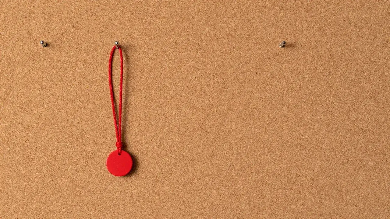 red cord loop and small plain charm, cork board, blunt pins