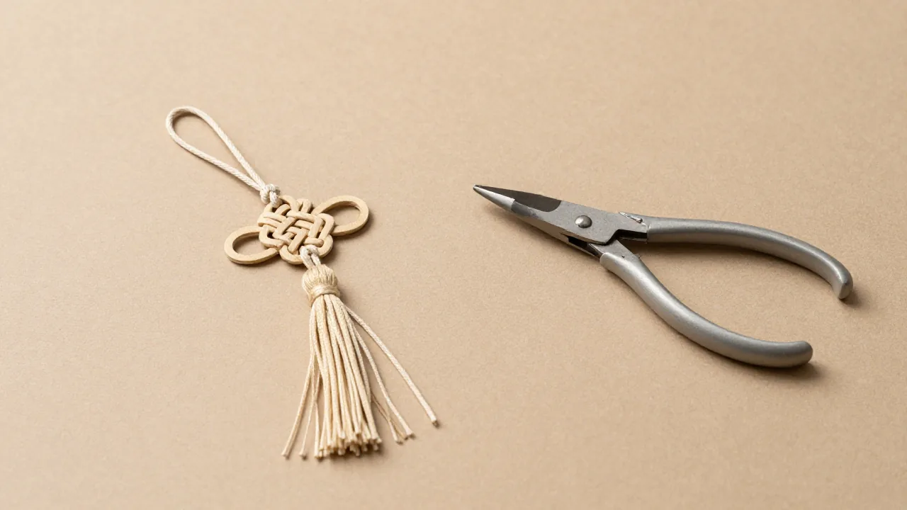 finished knot charm, closed cord snips, small tassel