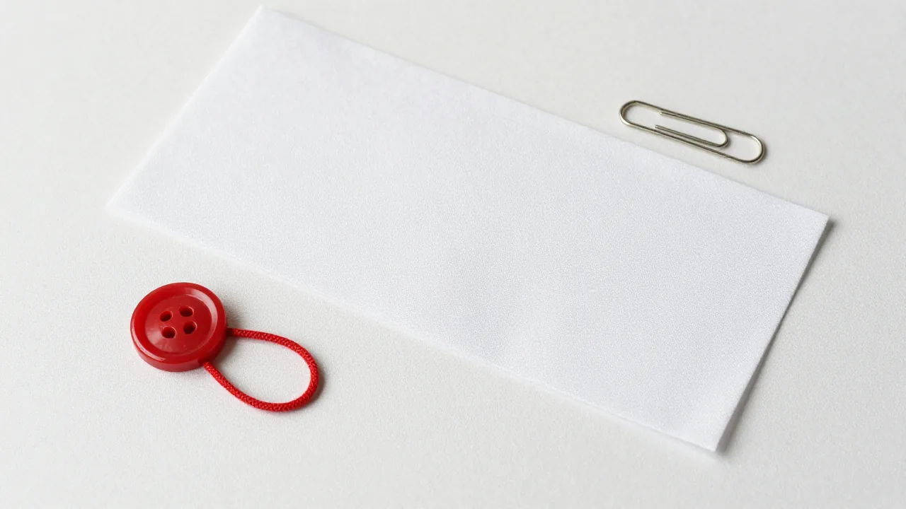 red cord button and loop closure, plain fabric panel, sewing clips