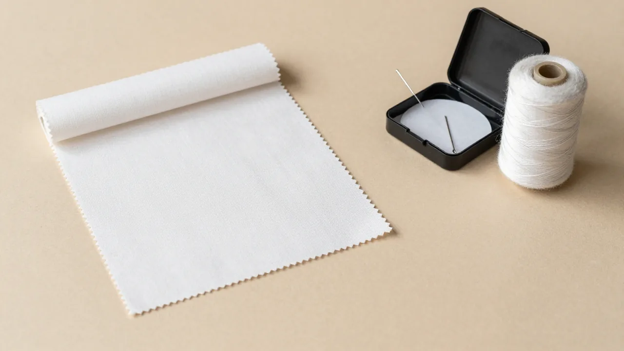 closed fabric sample, needle in case, cotton thread spool