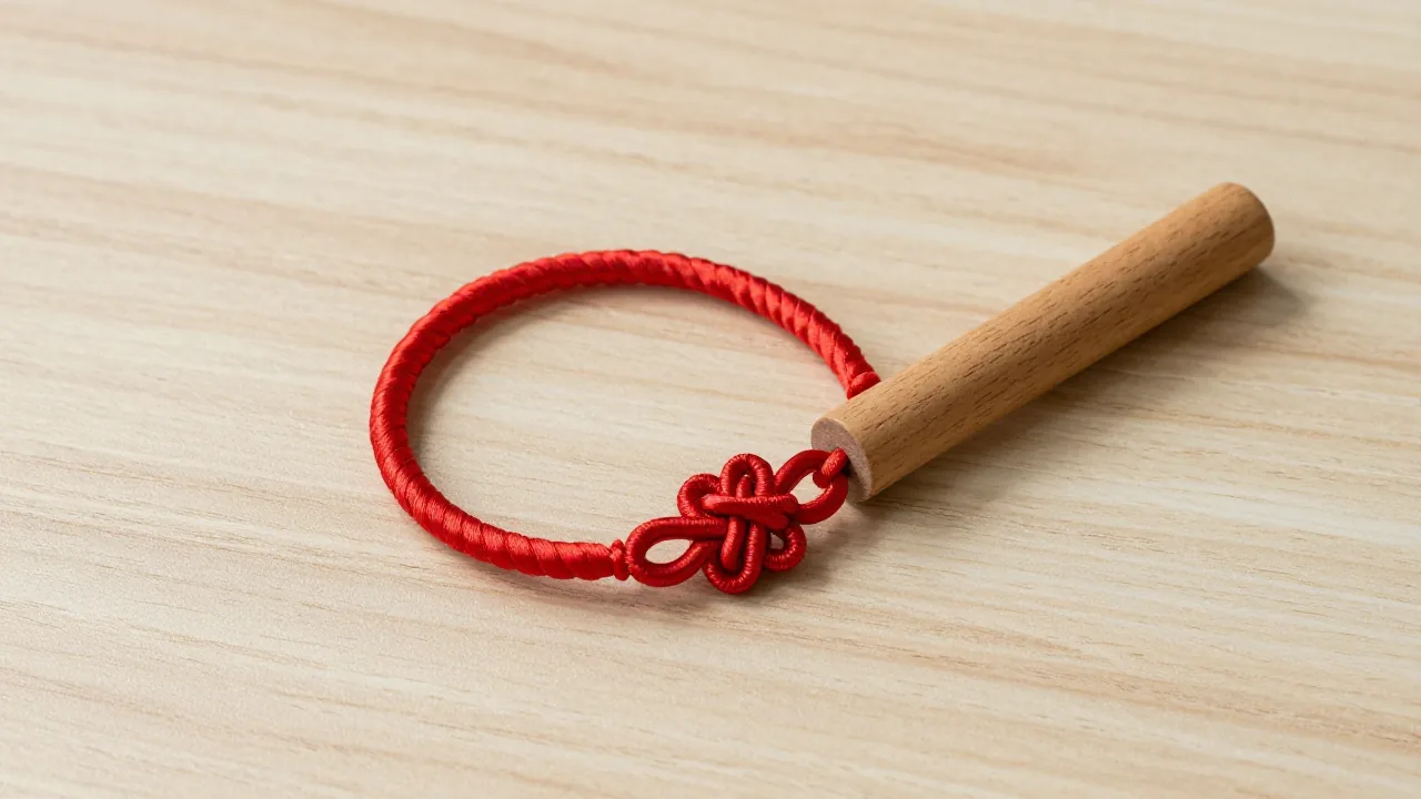 red satin cord bracelet, ornate Chinese button knot, plain wooden wrist form