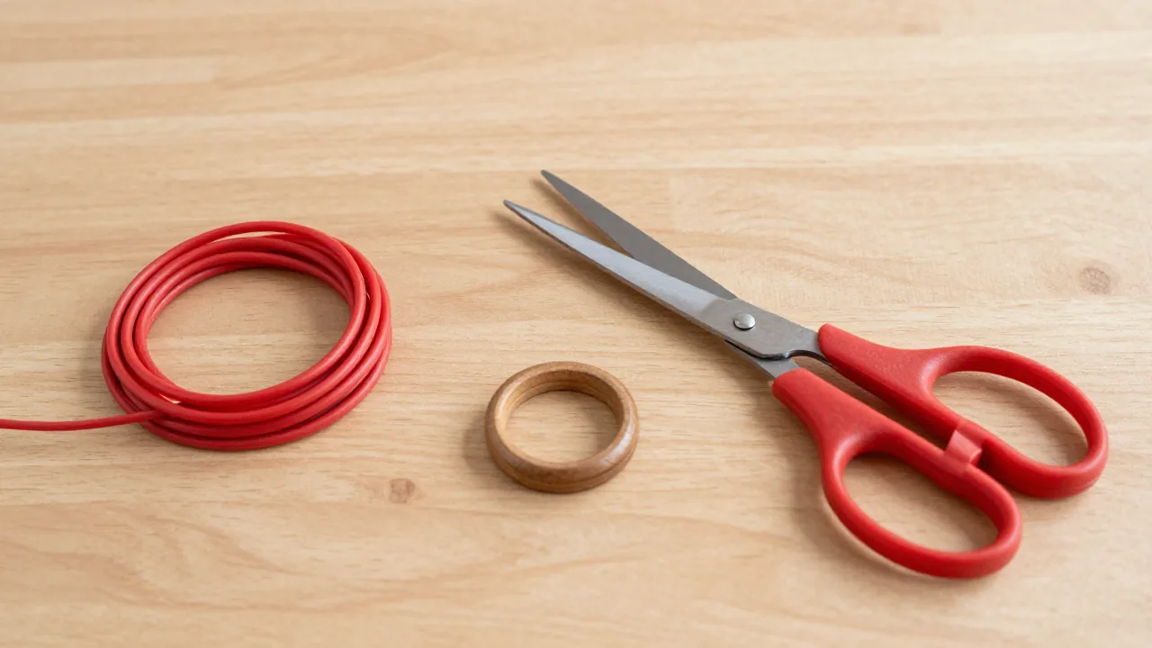 red cord coil, wood ring, blunt scissors