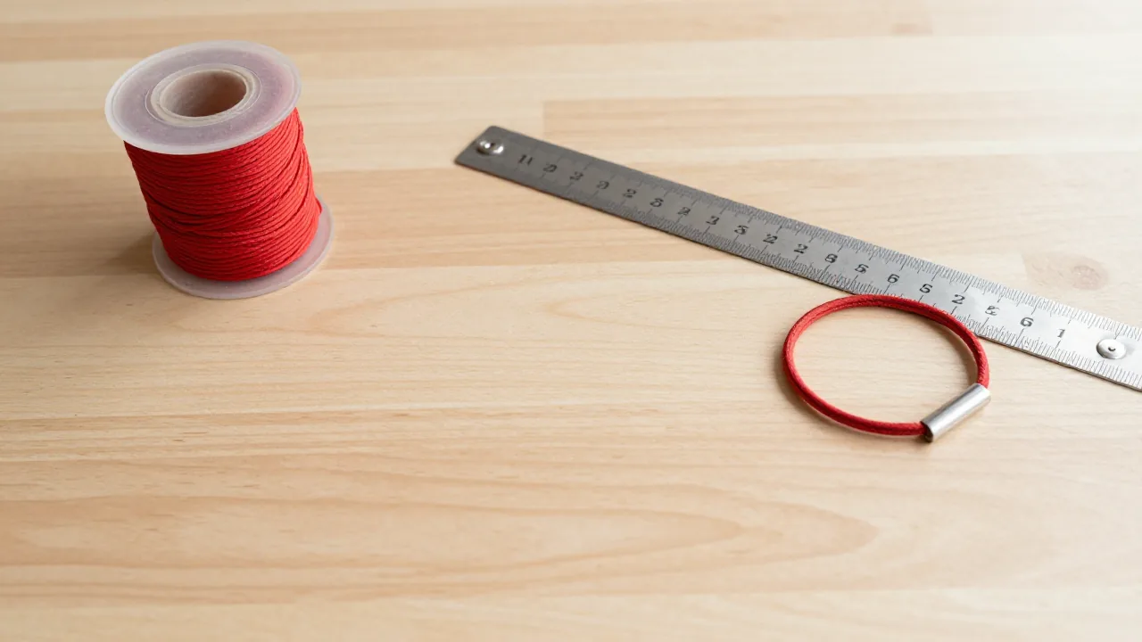 one millimeter braided red cord spool, metal ruler, plain bracelet clasp