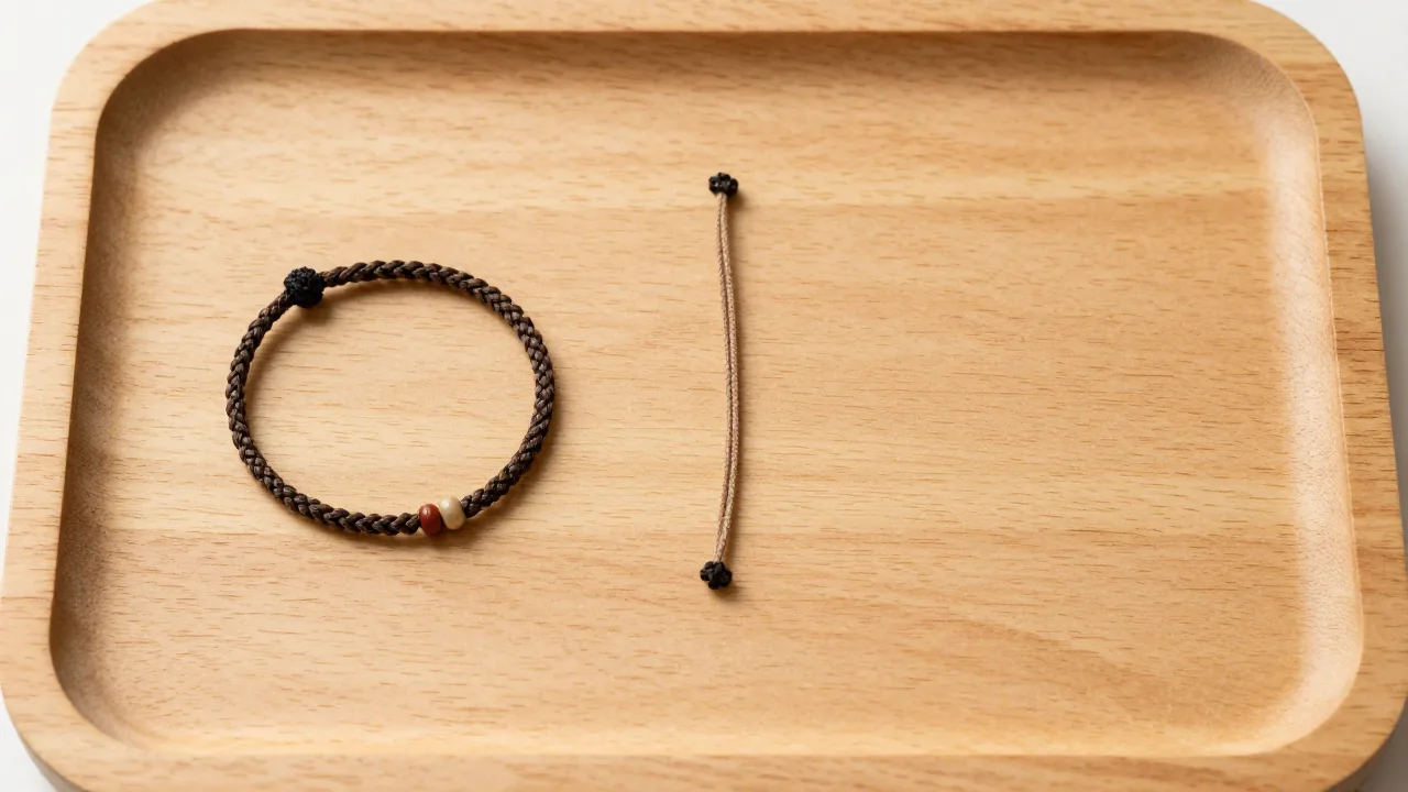 short braided bracelet sample, two loose cord ends, wooden tray