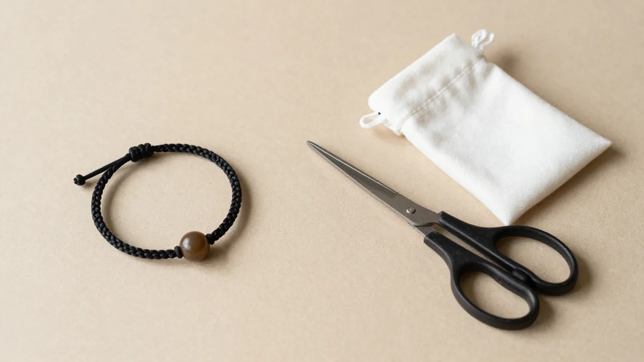 finished cord bracelet, closed blunt scissors, cotton pouch