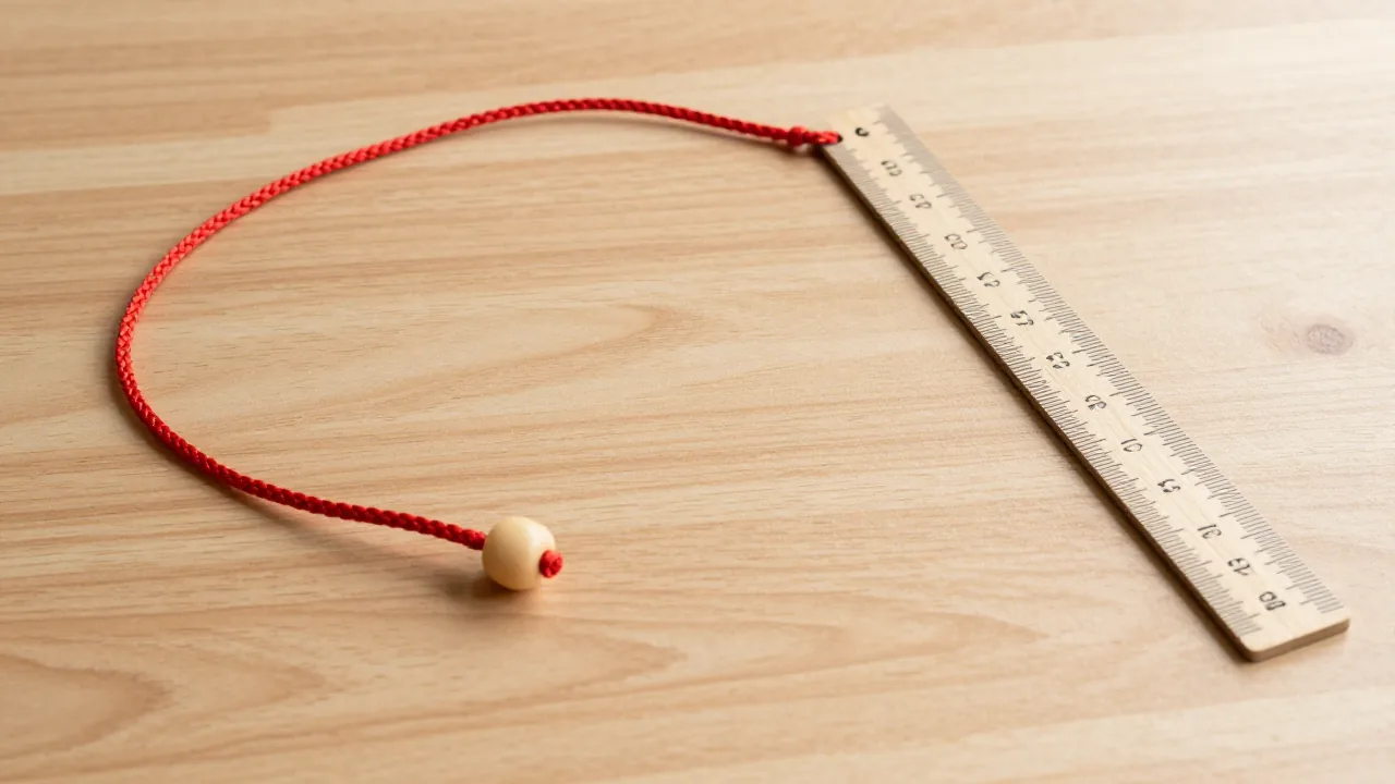 red braided cord, plain pendant bead, wooden ruler