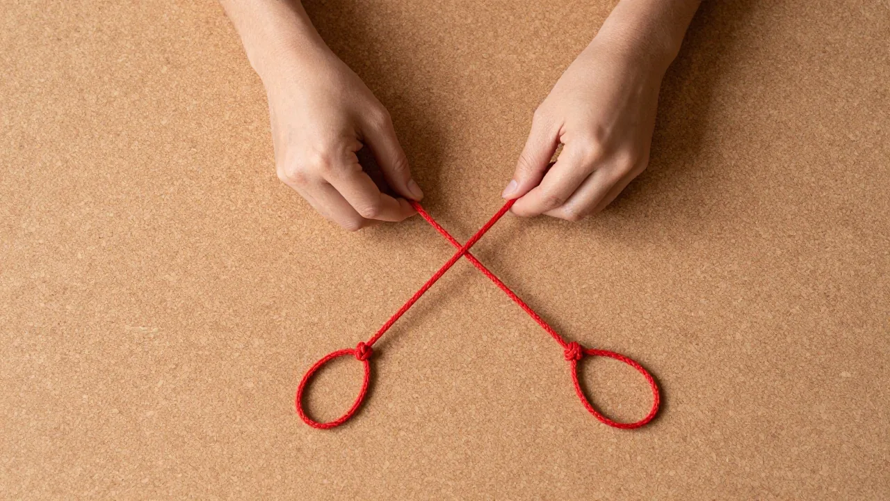 hands forming red cord crossing, paired cord loop, cork work board
