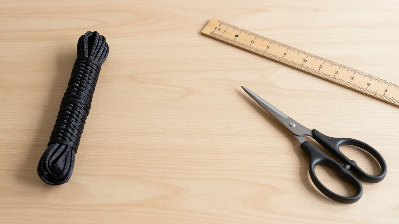 paracord coil and satin knotting cord, wooden ruler, blunt scissors