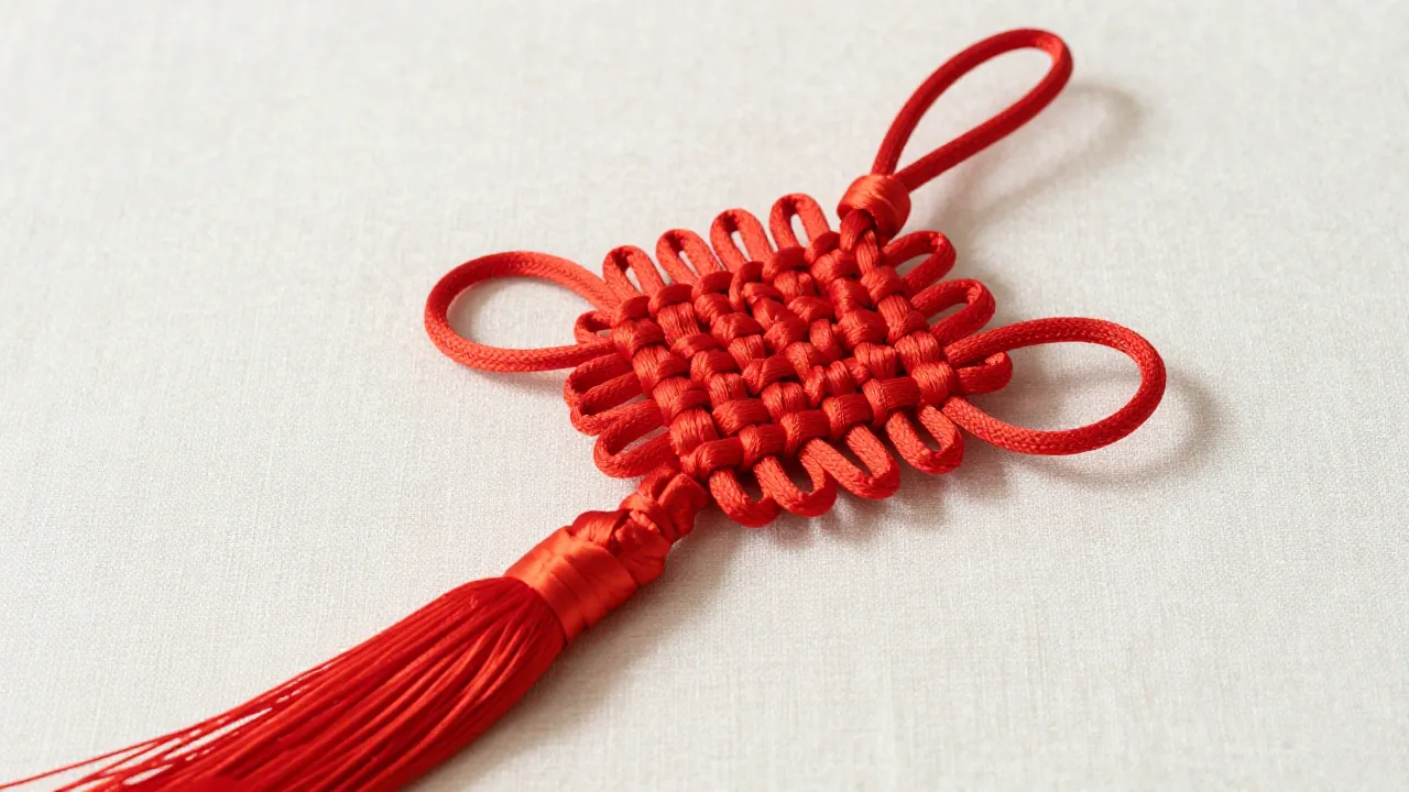 complex red Chinese knot, interlaced crossings, plain linen