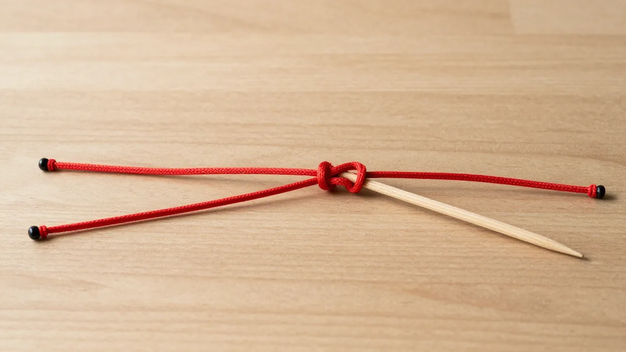 red cord working ends, partially formed knot, wooden pointer