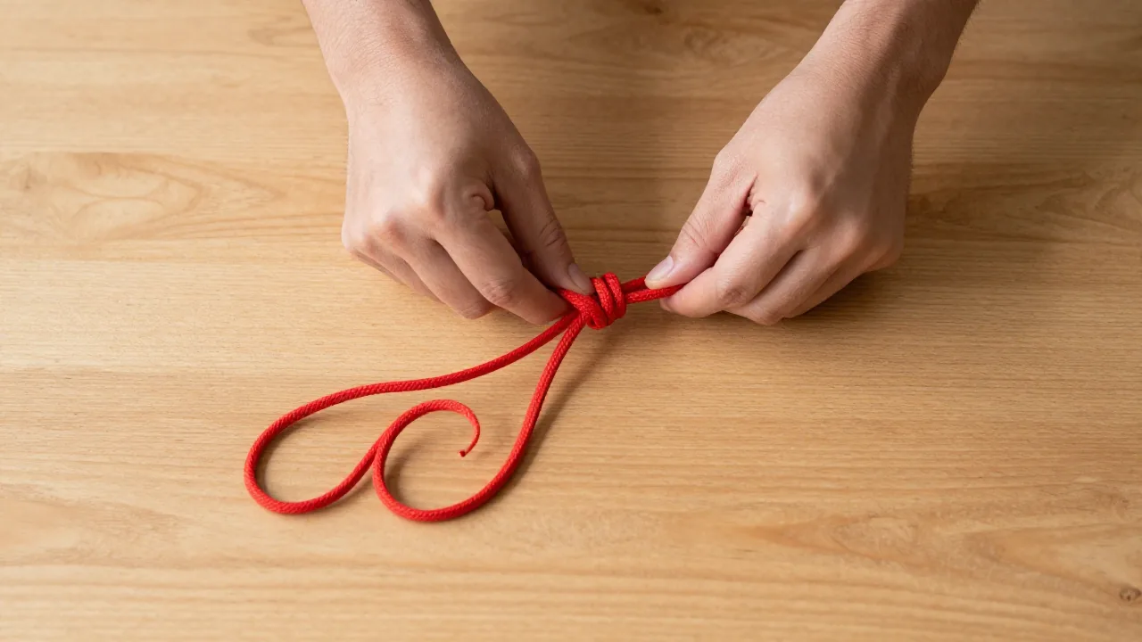 hands tightening red knot, open paired loops, wooden worktable