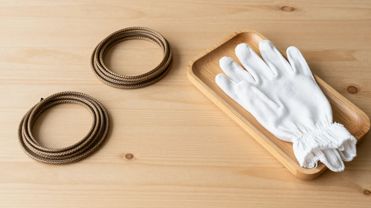 braided and twisted cord coils, wooden tray, cotton gloves