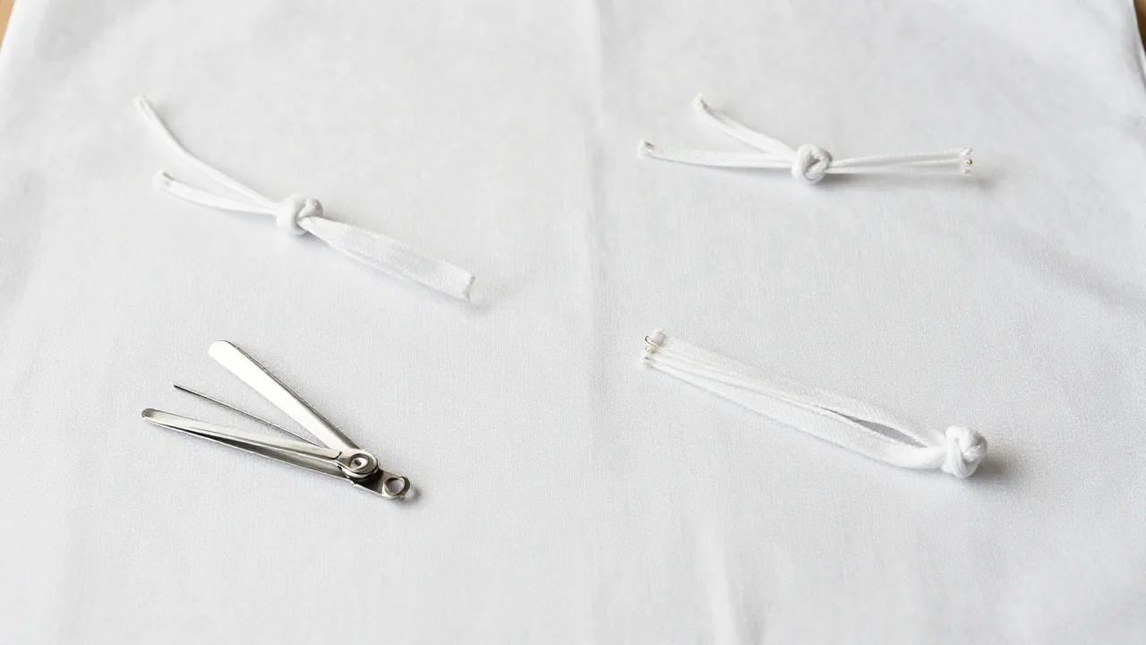 small test knots, closed snips, white cloth