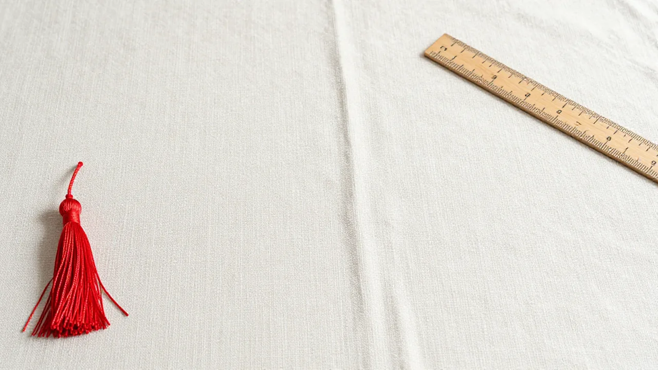 red tassel components, wooden ruler, linen cloth