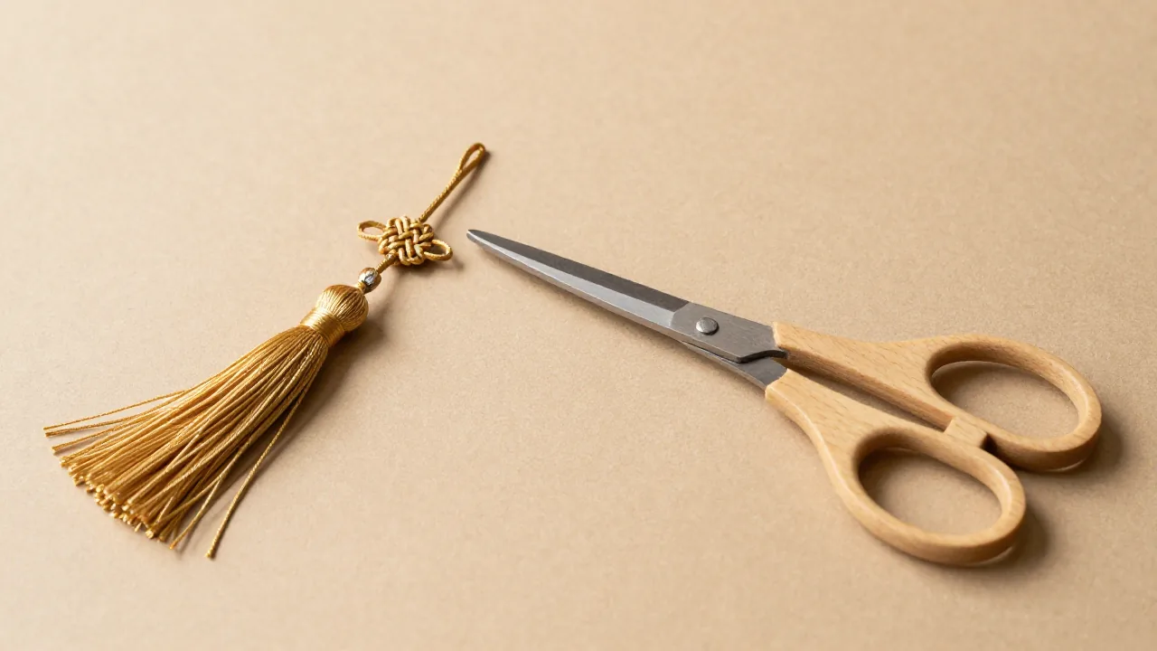 finished knot and tassel, closed scissors, wooden hook